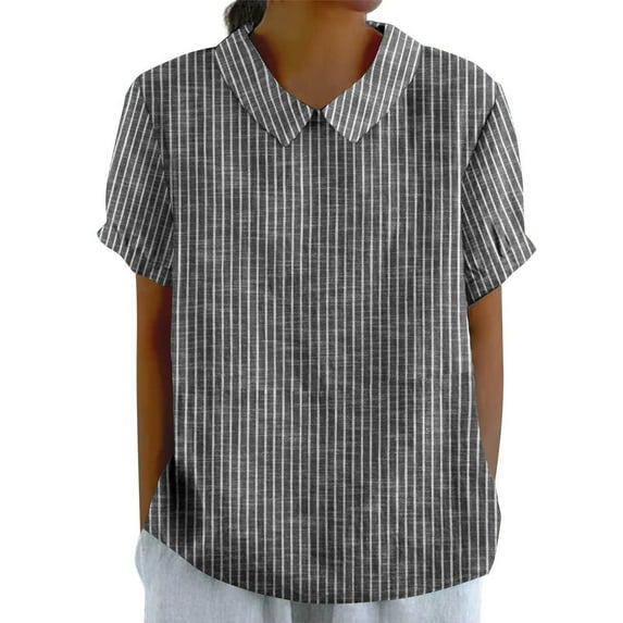 Lmnyox Women's Linen Shirt Summer Casual Striped Short Sleeve Tops Cotton Linen Collared Beach Blouse Clothes