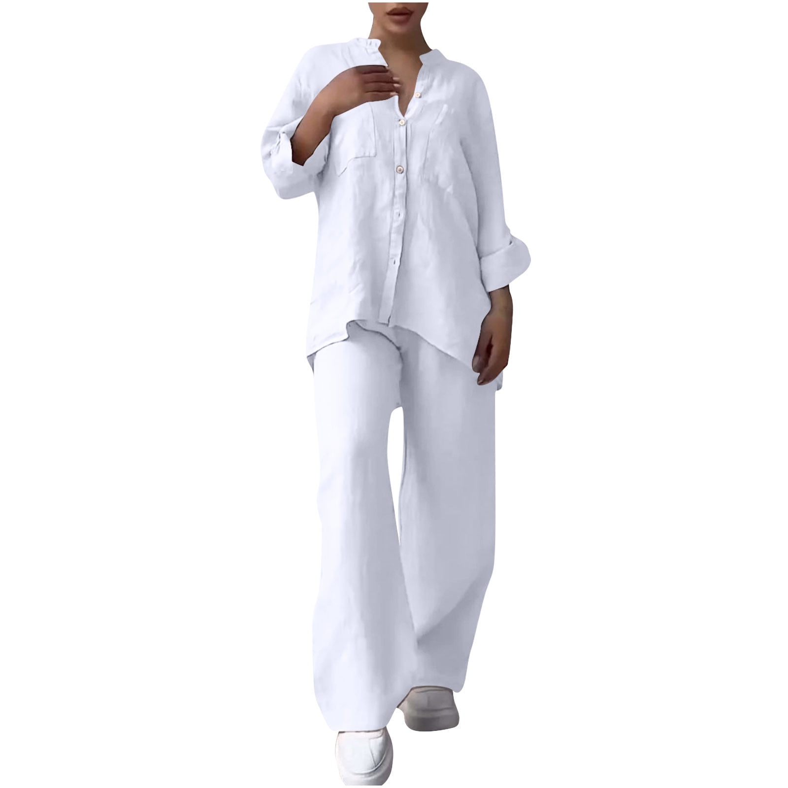 Lmnyox Women's Long Sleeve 2 Piece Outfits Button Down Shirt