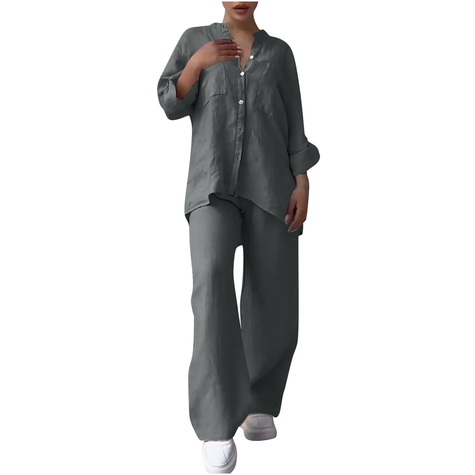 Lmnyox Women's Long Sleeve 2 Piece Outfits Button Down Shirt