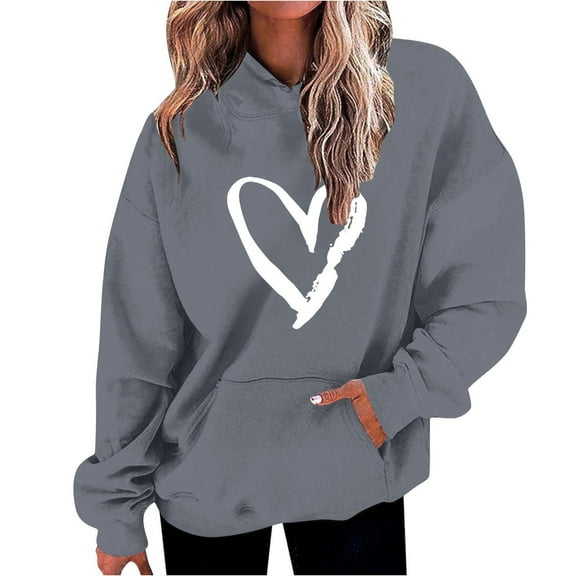 Lmnyox Women's Long Sleeve Sweatshirts Oversized Heart Print Hooded Sweatshirt with Pocket Valentine's Day Clothes