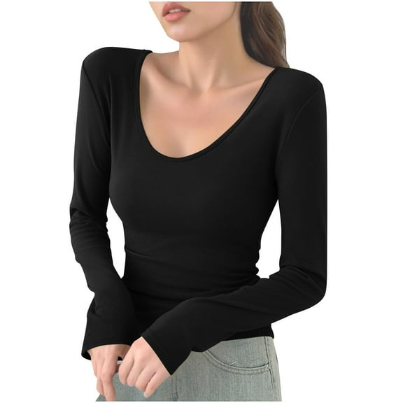 Lmnyox Women's Long Sleeve T Shirt Slim Fashion Scoop Neck Pullover Tee Solid Casual Fall Winter Undershirts