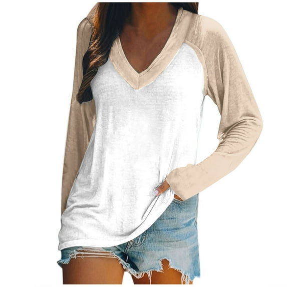 Lmnyox Women's Long Sleeve T Shirt V Neck Color Block Tops Summer Loose Casual Basic Tees Trendy