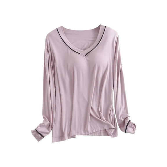 Lmnyox Women's Long Sleeve Undershirt Casual Solid Long Sleeve Sleep Shirt with Built in Bra Comfy Basic Tee