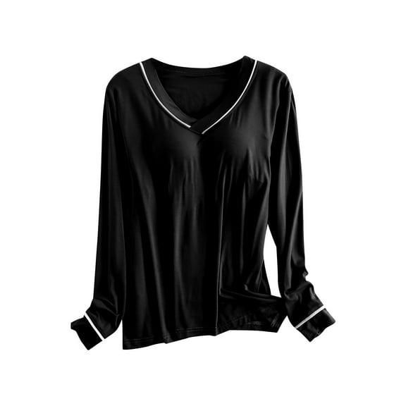 Lmnyox Women's Long Sleeve Undershirt Casual Solid Long Sleeve Sleep Shirt with Built in Bra Comfy Basic Tee