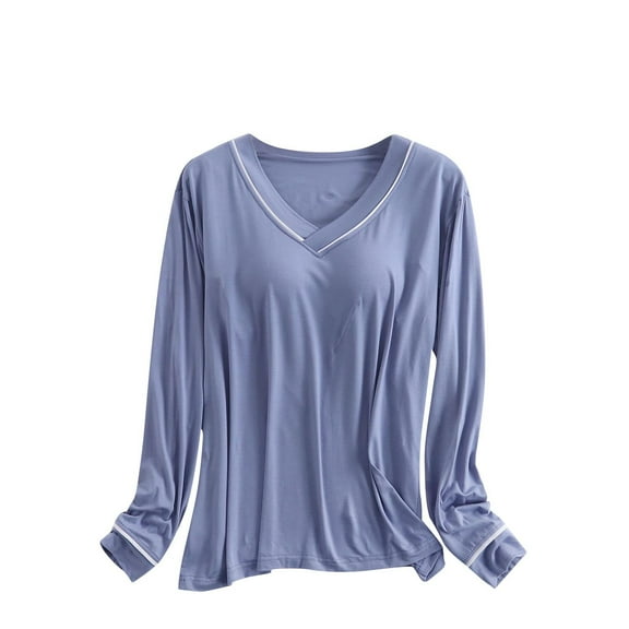 Lmnyox Women's Long Sleeve Undershirt Casual Solid Long Sleeve Sleep Shirt with Built in Bra Comfy Basic Tee
