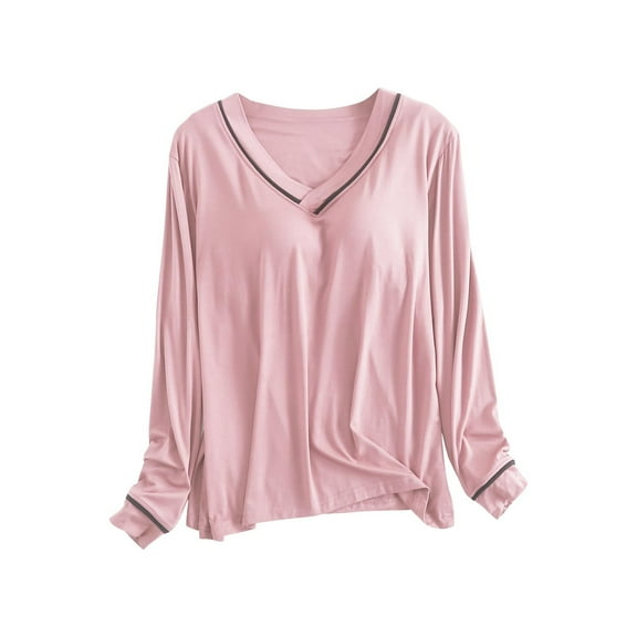 Lmnyox Women's Long Sleeve Undershirt Casual Solid Long Sleeve Sleep Shirt with Built in Bra Comfy Basic Tee