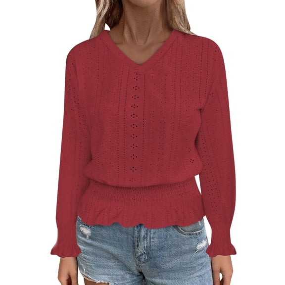 Lmnyox Women's Long Sleeve V Neck Shirt Fashion Solid Eyelet Tunic Blouses Ruffle Trendy Tees Outfits