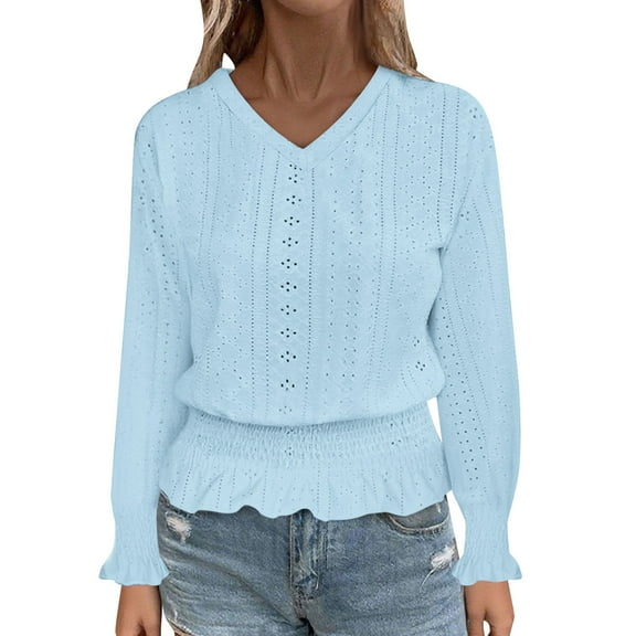 Lmnyox Women's Long Sleeve V Neck Shirt Fashion Solid Eyelet Tunic Blouses Ruffle Trendy Tees Outfits