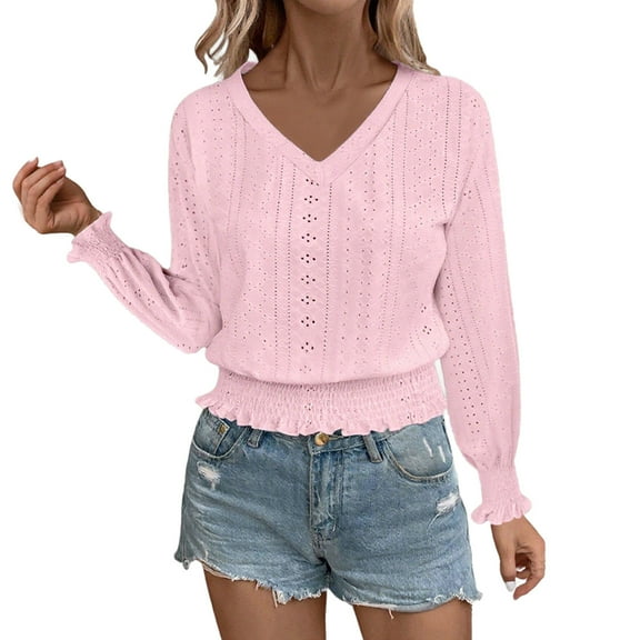 Lmnyox Women's Long Sleeve V Neck Shirt Fashion Solid Eyelet Tunic Blouses Ruffle Trendy Tees Outfits