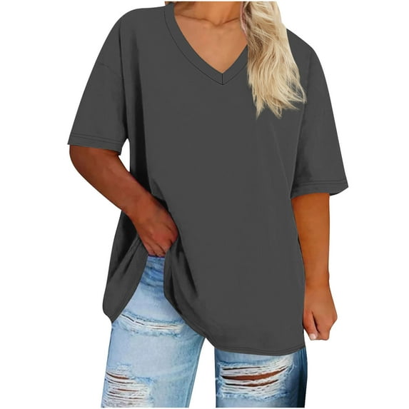 Lmnyox Women's Oversized Shirts V Neck Half Sleeve Loose T Shirt Plus Size Summer Casual Basic Tee Shirt
