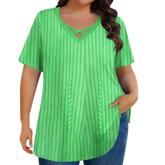 Lmnyox Women's Plus Size Tops Fashion Short Sleeve Cross V Neck Striped Shirt Oversized Casual Trendy Tunic Blouses