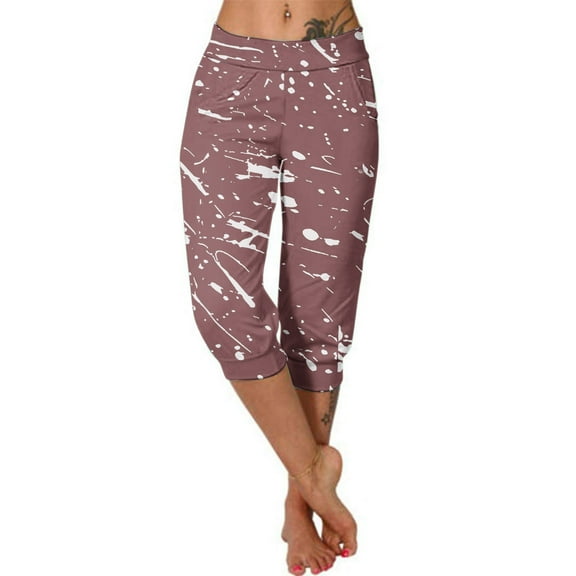 Lmnyox Women's Print Capris Elastic Waist Yoga Pants with Pocket Summer Stretchy Athletic Capri Pants