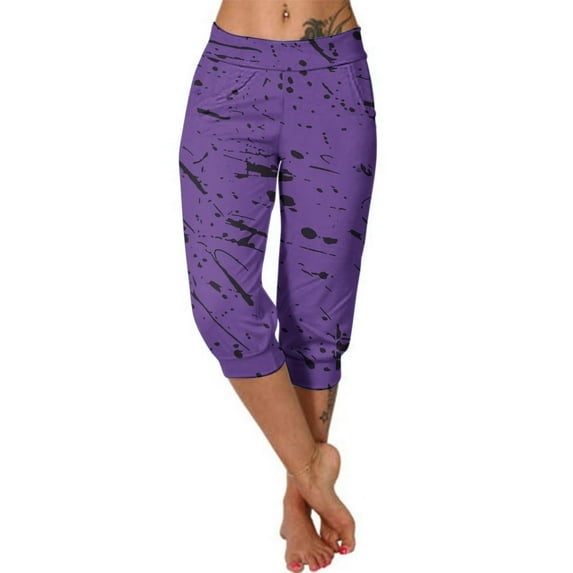 Lmnyox Women's Print Capris Elastic Waist Yoga Pants with Pocket Summer Stretchy Athletic Capri Pants