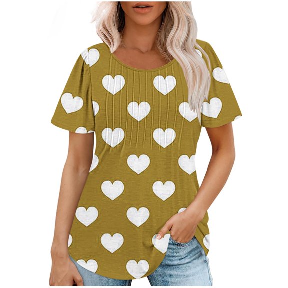 Lmnyox Women's Print Shirts Summer Casual Short Sleeve Crew Neck Tunic Tops Loose Pleated Blouses