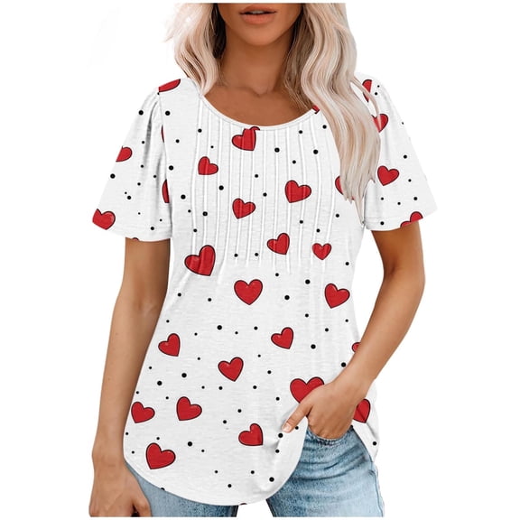 Lmnyox Women's Print Shirts Summer Casual Short Sleeve Crew Neck Tunic Tops Loose Pleated Blouses