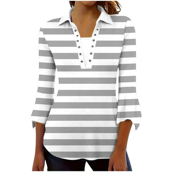 Lmnyox Women's Shirts Fashion 3/4 Length Sleeve V Neck Striped Tops Casual Dressy Button Collared Golf Shirts
