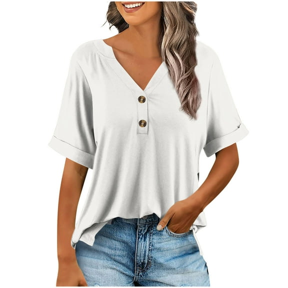 Lmnyox Women's Shirts Flowy 3/4 Length Sleeve V Neck Button Casual Summer Tops 2025 Fashion Loose Tunic Tops