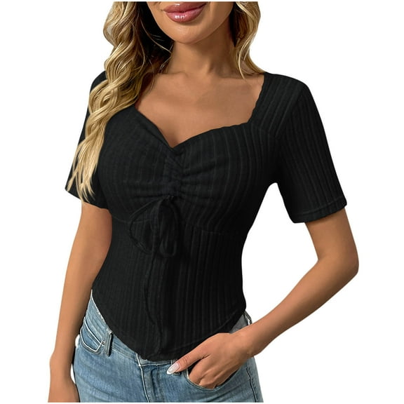 Lmnyox Women's Short Sleeve Shirt Fashion Cute Slim T Shirt Ribbed Knit 2025 Summer Trendy Tees Tops Outfits