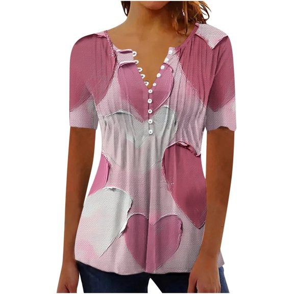 Lmnyox Women's Short Sleeve Shirt Heart Graphic V Neck Button Tunic Tops Valentine's Day Casual T Shirt Clothes