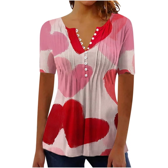 Lmnyox Women's Short Sleeve Shirt Heart Graphic V Neck Button Tunic Tops Valentine's Day Casual T Shirt Clothes