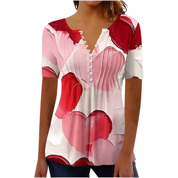 Lmnyox Women's Short Sleeve Shirt Heart Graphic V Neck Button Tunic Tops Valentine's Day Casual T Shirt Clothes