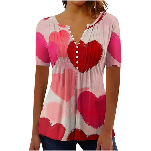 Lmnyox Women's Short Sleeve Shirt Heart Graphic V Neck Button Tunic Tops Valentine's Day Casual T Shirt Clothes
