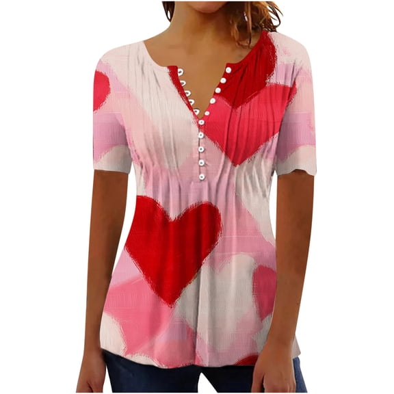Lmnyox Women's Short Sleeve Shirt Heart Graphic V Neck Button Tunic Tops Valentine's Day Casual T Shirt Clothes