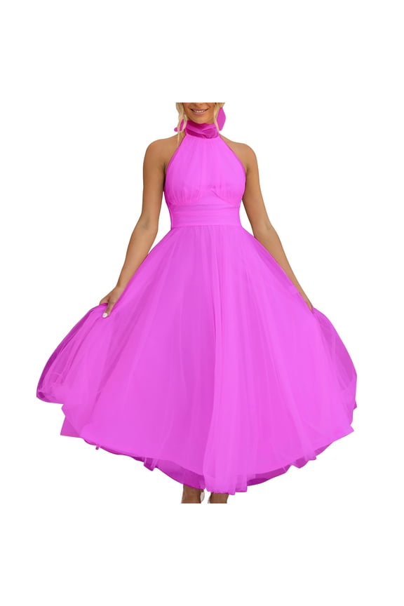 Women's Sleeveless Dress Flare Mock Neck Lace Midi Dress Formal Evening Party Club Dress