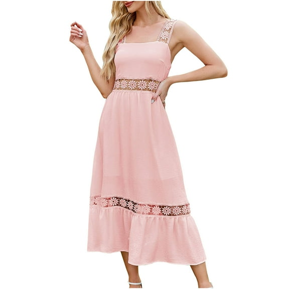 Lmnyox Women's Sleeveless Midi Dress Flowy Wide Lace Strap Square Neck Dress Summer Wedding Guest Dress
