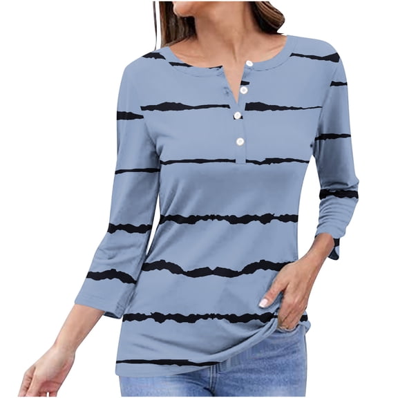 Lmnyox Women's Striped T Shirt 3/4 Sleeve V Neck Button Tops Summer Trendy Blouses Casual Clothes