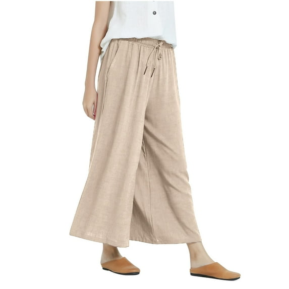 Lmnyox Women's Summer Beach Pants Lightweight Wide Leg Trousers Elastic Waist Cotton Linen Lounge Pants