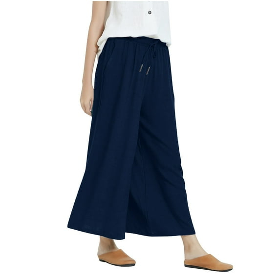 Lmnyox Women's Summer Beach Pants Lightweight Wide Leg Trousers Elastic Waist Cotton Linen Lounge Pants