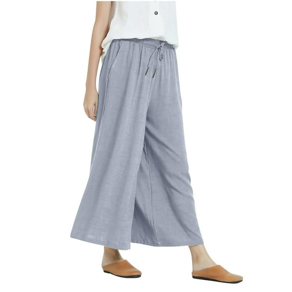 Lmnyox Women's Summer Beach Pants Lightweight Wide Leg Trousers Elastic Waist Cotton Linen Lounge Pants