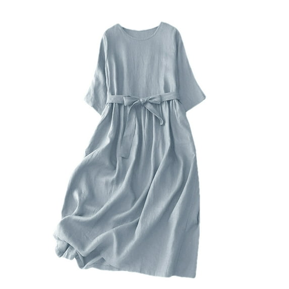 Lmnyox Women's Summer Casual Dress Round Neck Short Sleeve Cotton Linen Tunic Dress Loose Flowy Beach Dress