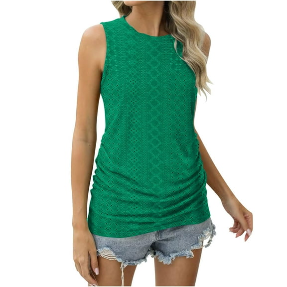 Lmnyox Women's Summer Casual Tank Tops Solid Color Sleeveless Loose Tunic Shirts Hollow Out Crew Neck Tees Tops