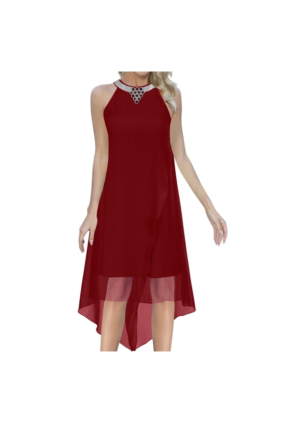 Women's Summer Formal Dress Flowy Sleeveless Mock Neck Midi Dress Fashion Cocktail Dress