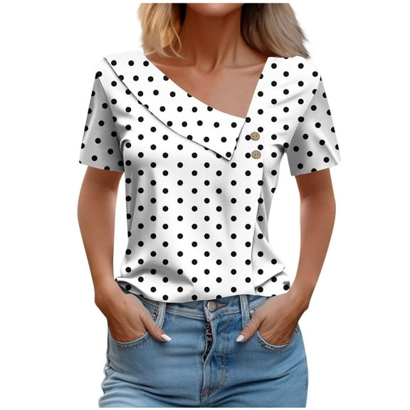 Lmnyox Women's Summer Shirts V Neck Dressy Casual Short Sleeve Fashion Blouses Loose Print Trendy Tops