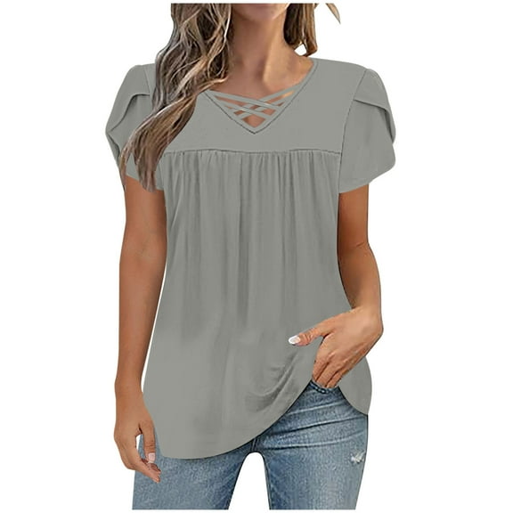 Lmnyox Women's Summer Short Sleeve Shirts Flowy Casual Cross V Neck Tunic Tops Pleated Fashion Blouses Outfits
