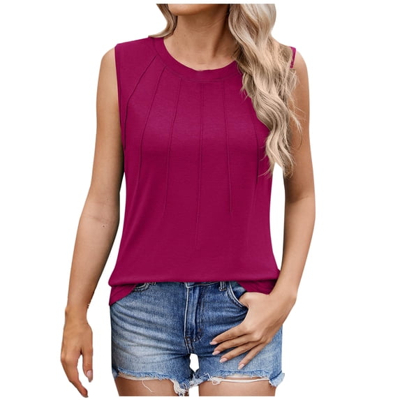 Lmnyox Women's Summer Tops 2025 Trendy Fashion Pleated Front Sleeveless Tees Crew Neck Basic Loose Shirts