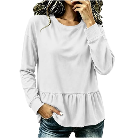 Lmnyox Women's Sweatshirts Crew Neck Solid Color Peplum Long Sleeve Pullover Fall Fashion Sweatshirts
