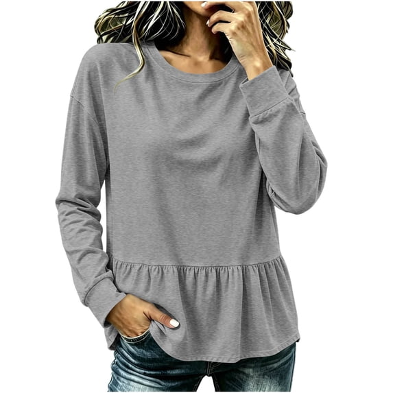 Lmnyox Women's Sweatshirts Crew Neck Solid Color Peplum Long Sleeve Pullover Fall Fashion Sweatshirts