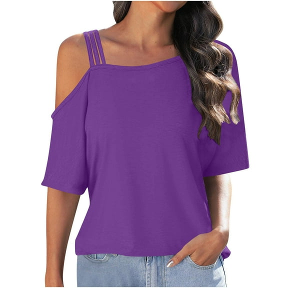 Lmnyox Women's Tops 2025 Fashion One Shoulder Short Sleeve T Shirt Spaghetti Strap Casual Summer Tops Outfits