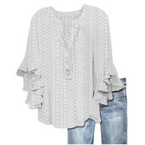 Lmnyox Women's Tops 2025 Ruffle 3/4 Sleeve Button V Neck Shirt Summer Trendy Loose Eyelet Blouses Outfits