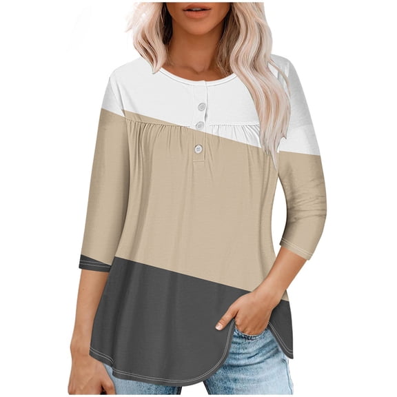 Lmnyox Women's Tunic Tops Loose Casual Round Neck 3/4 Sleeve T Shirt Summer Pleated Blouses Trendy Clothes