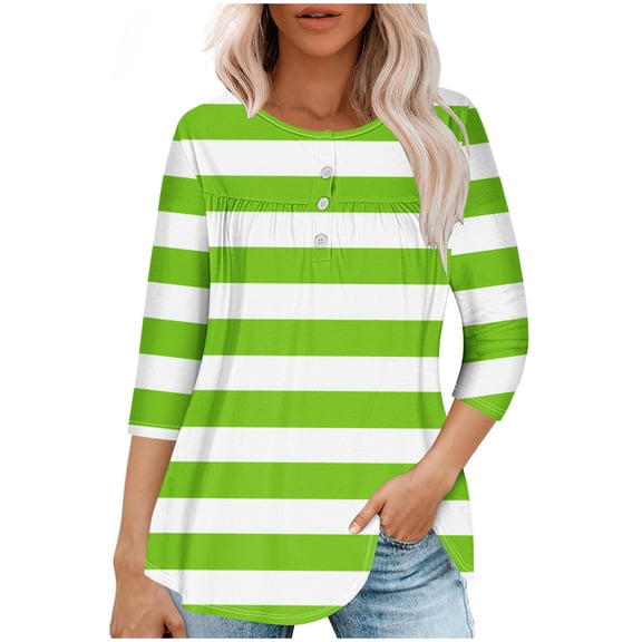 Lmnyox Women's Tunic Tops Loose Casual Round Neck 3/4 Sleeve T Shirt Summer Pleated Blouses Trendy Clothes