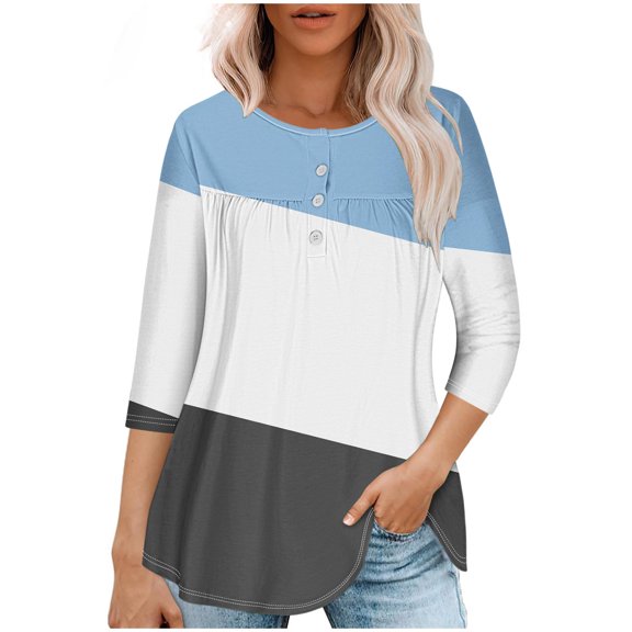 Lmnyox Women's Tunic Tops Loose Casual Round Neck 3/4 Sleeve T Shirt Summer Pleated Blouses Trendy Clothes
