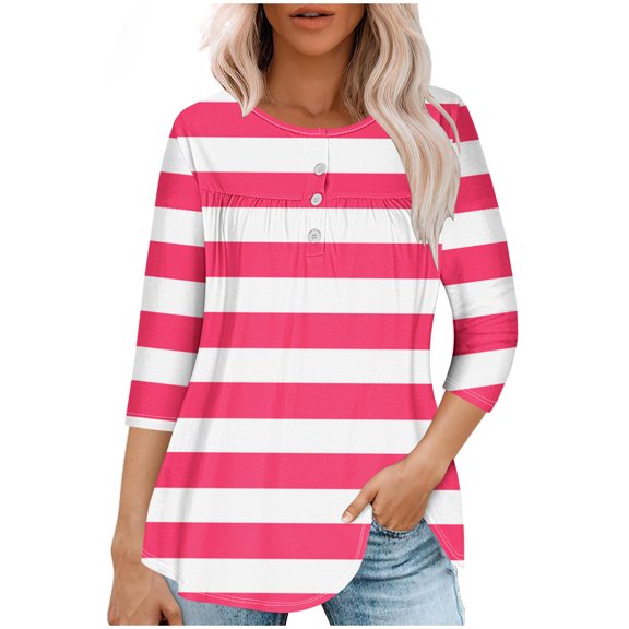 Lmnyox Women's Tunic Tops Loose Casual Round Neck 3/4 Sleeve T Shirt Summer Pleated Blouses Trendy Clothes
