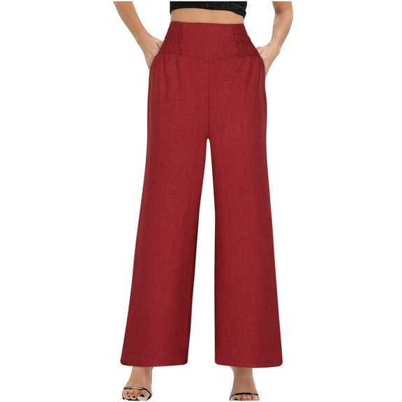 Lmnyox Women's Wide Leg Pants with Pocket Fall Casual Elastic High Waist Palazzo Pants Loose Vacation Trousers