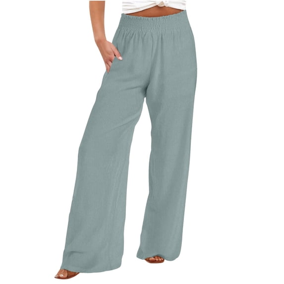 Lmnyox Women's Wide Leg Trousers with Pocket Ruffle High Waist Palazzo Pants Casual Cotton Linen Lounge Pants