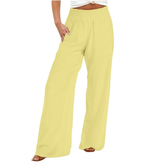 Lmnyox Women's Wide Leg Trousers with Pocket Ruffle High Waist Palazzo Pants Casual Cotton Linen Lounge Pants